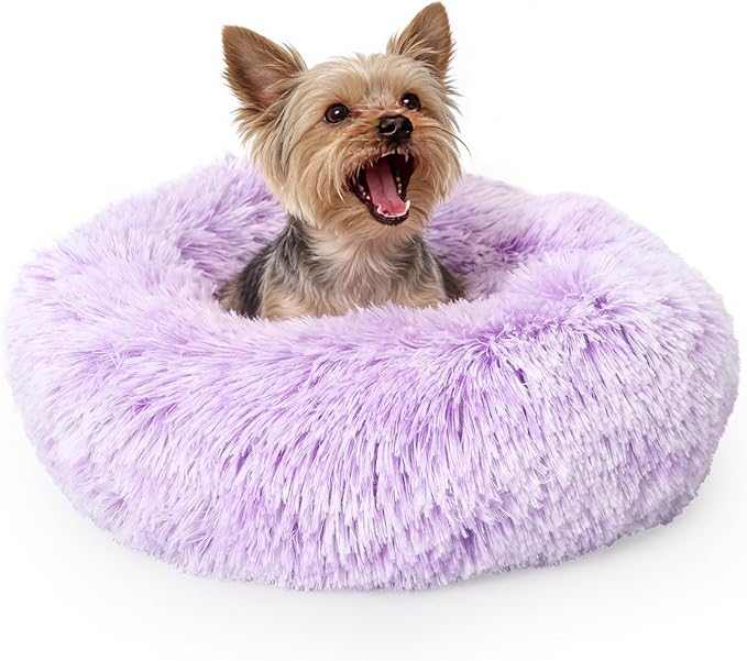 Purple and White Cat Bed for Indoor Cats Washable 15 inches Donut Soft Small Pet Bed,Calming Anti Anxiety Round Fits up to 5 lbs Warm Comfort Kitten Bed Indoor