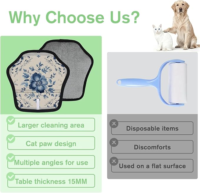 Reusable Pet Hair Removal Glove Blue Floral Pattern Magic Brush for Cat & Dog Hair Remover for Car, Sofa, Bedding, Clothes - 9x9 Mitt Washable