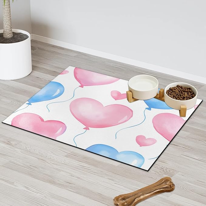 Valentine’s Day Dog Food Mat for Floors Absorbent, Quick Dry Water Dispenser Mat for Food, Water, Pet Supplies 24" x 32", Love Heart Balloons