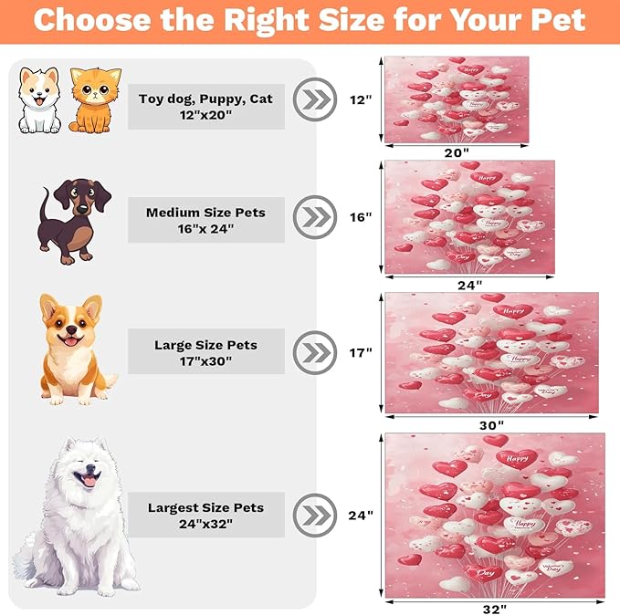 Valentine’s Day Dog Food Mat for Floors Absorbent, Quick Dry Water Dispenser Mat for Food, Water, Pet Supplies 24" x 32", Love Heart Balloons