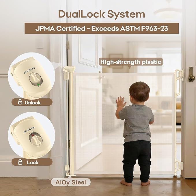 Retractable Safety Baby Gate or Mesh Dog Gate,Durable Portable Mesh Retractable Gate,Easy to Use for Stairs, Doorways, Hallways, Indoor, Outdoor, 33.5" Tall, Up to 45" Wide, Cream