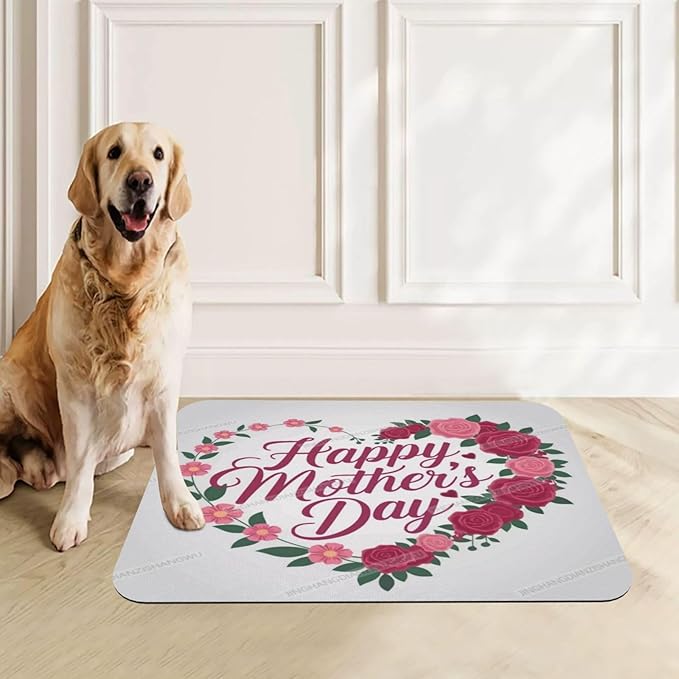 Dog Food Mat Happy Mother's Day Floral Gift for Mom Rose Absorbent Water Bowl Mats Cat Pet Feeding Placemats 18X12In