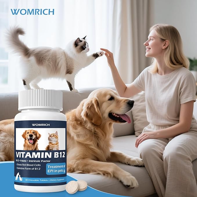 Appetite Stimulant Vitamin B12 Tablets for Cats and Dogs – Methylcobalamin B12 – Treatment of EPI in Pets Supports Energy, Red Blood Cell Formation, Nervous System, and Appetite – 90 Tablets