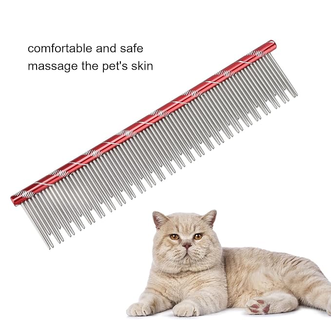 Pet Hair Removal Comb with Stainless Steel Teeth, Durable Cat Grooming Tool, 6.3 Inch Comfortable Non Slip Handle - Reusable Design, Open Knot Comb for Long and Short Haired Cats (Red)