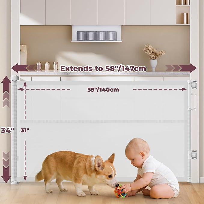 Retractable Baby Gates for Doorways, 58" Extra Wide Mesh Child Dog Gate for Stairs, 34" Tall Toddler Pet Gate Indoor and Outdoor, Easy Install, Essential for Home Safety, White