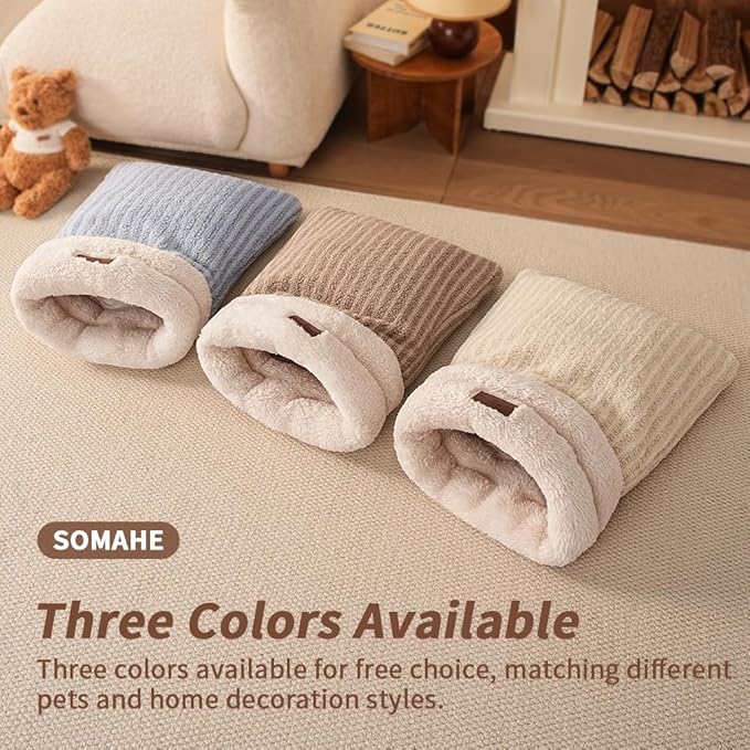 Cat Sleeping Bag for Indoor Cats, Self Warming Cat Bed Cave Fits up to 15 lbs Pets, Pet Sleeping Bed with Plush Portable Snuggle Sack/Hideway 17''×21''White