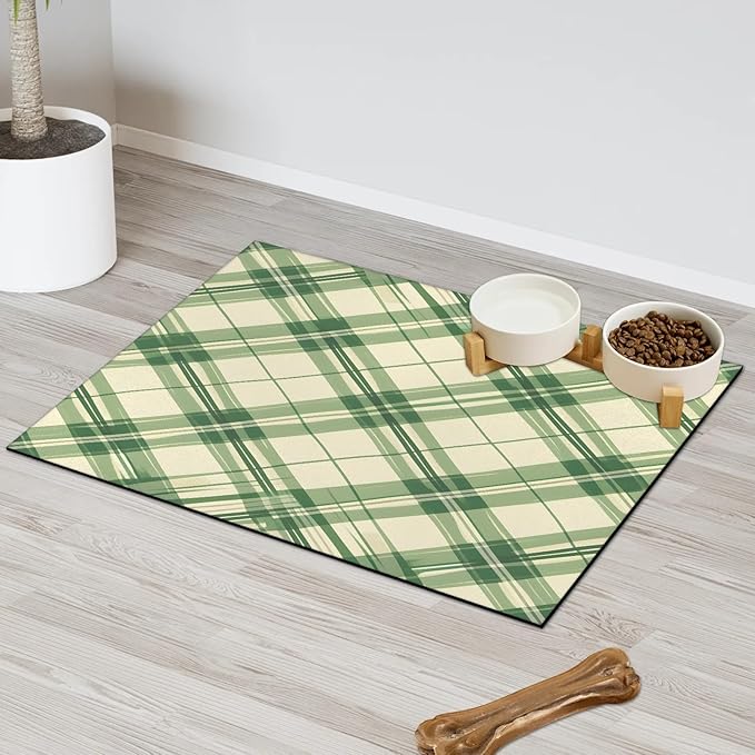 Check Dog Food Mat for Floors Absorbent, Quick Dry Water Dispenser Mat for Food, Water, Pet Supplies 24" x 32", Green White Plaid