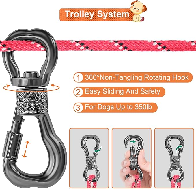 XiaZ Dog Tie Out Cable for Camping, 50ft Portable Overhead Trolley System for Dogs up to 200lbs，Dog Lead for Yard, Camping, Parks, Outdoor Events,5 min Set-up