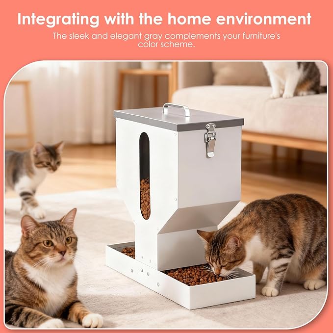 Automatic Cat Feeder 2 Cats - 12L Gravity Dual Cat Feeder Outdoor Pet Feeding Station Auto Dry Food Dispenser for Pet Cat Dogs