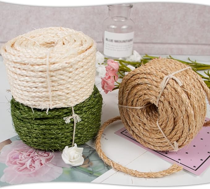 Sisal Rope for Cat Scratcher 1/4 Inch 50 Feet Cat Tree Rope Replacement Natural Hemp Rope, Thick Cat Scratching Post Rope for Indoor/Outdoor, Repairing, Recovering, DIY Scratcher (White)
