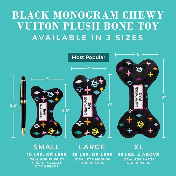 Haute Diggity Dog Black Monogram Chewy Vuiton Bone, Plush Designer Dog Toys with Interactive Squeaker, Stimulating Pet Enrichment, Machine-Washable & Safe Materials for All Breeds, Size Large