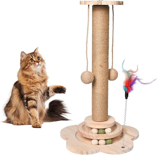 Cat Scratching Post, 50cm Cat Scratcher Toy, Natural Woven Sisal and Wood Interactive Cat Toys with Lanyard Ball, Ball, Feather (Feather Color is Random)
