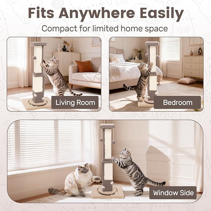 33.7" Tall Large Cat Scratching Post, Indoor Kitten Vertical Sisal Rope Scratcher with Modern Square Thick Pole and Toy Mouse, Space Saving Heavy Duty Stable Base with Interactive Ball Track