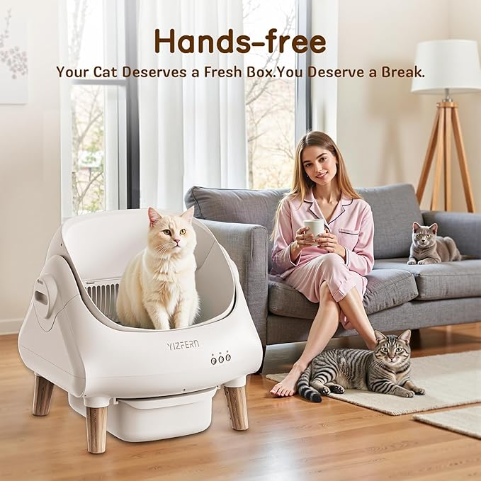 Self Cleaning Litter Box for Multiple Cats, Automatic Cat Litter Box with App Control, Open Top Design, Safety Protection, Ultra-Quiet, Waste Bags, Large Waste Bin & Brush (White) (Wooden)
