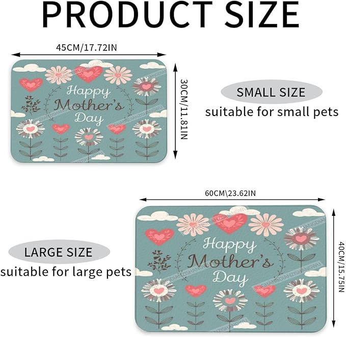 Absorbent Dog Water Cat Mat for Food Water Bowl Quick Dry Happy Mother's Day Floral Gift for Mom F Pet Feeding Mats No Stains Dog Food Mat Pet Accessories Supplies Cat Bowl Mats 24x16In