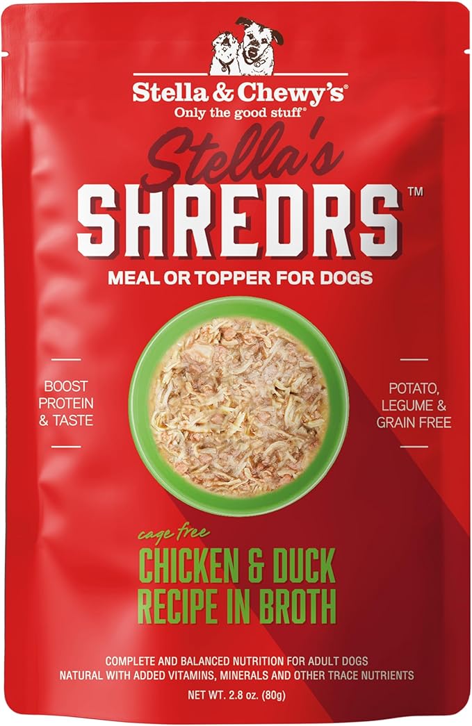 Stella & Chewy's Cage Free Chicken & Duck Shredrs - Premium Dog Food Pouches - Perfect for Picky Eaters- 12 Pack, 2.8oz Each