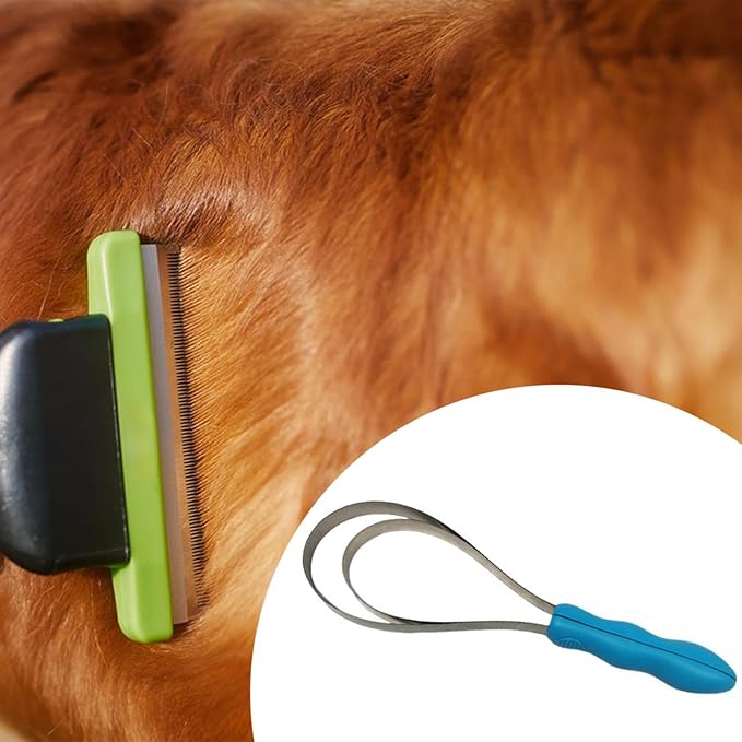 Pet Shedding Blade Hair Remover Tool with Handle for Dogs Cats Horses Animal Grooming Comb Stainless Steel Double Sided Design 12.40 Inch- Double Loop