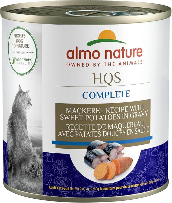 almo nature HQS Complete CAT Wet Cat Food Mackerel Recipe with Sweet Potatoes in Gravy - Grain-Free Cat Food Canned, 9.87 oz (Pack of 24)