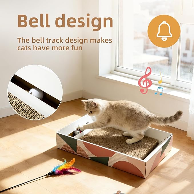 Corrugated Cardboard Cat Scratcher Box with Bell Toy - Double-Sided Wear-Resistant Scratching Pad, Multi-Use Cat Bed & Scratch Mat, Mess-Free Safe Material for Indoor Cats