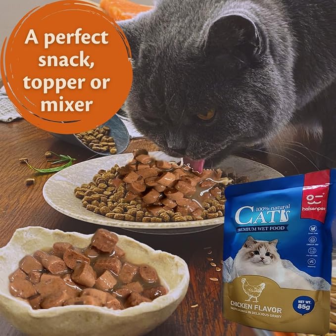 Cats Premium Wet Food 85g Pouch — Moist, Soft Cat Food Mixer, Topper and Rotational Meal (3-Pack, Chicken)