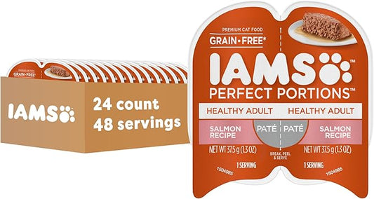 IAMS Perfect Portions Sensitive Digestion & Skin Wet Cat Food Pate, Adult Grain Free Pate, Turkey Recipes, (24) 2.6 oz. Twin-Pack Trays