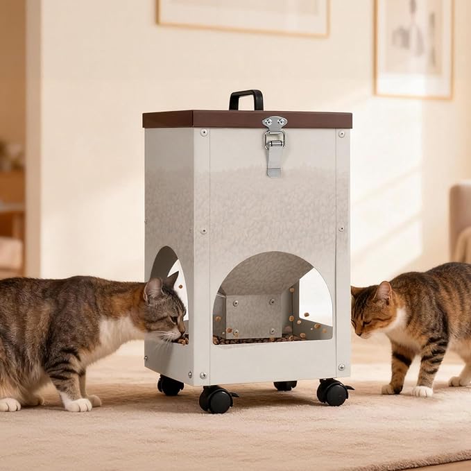 Automatic Cat Feeder for 4 Cats 5L Auto Cat Food Dispenser with Wheels for Puppies and Kittens, Multiple Cats Feeder Outdoor Large Capacity Galvanized Steel Gravity Pet Feeding Station