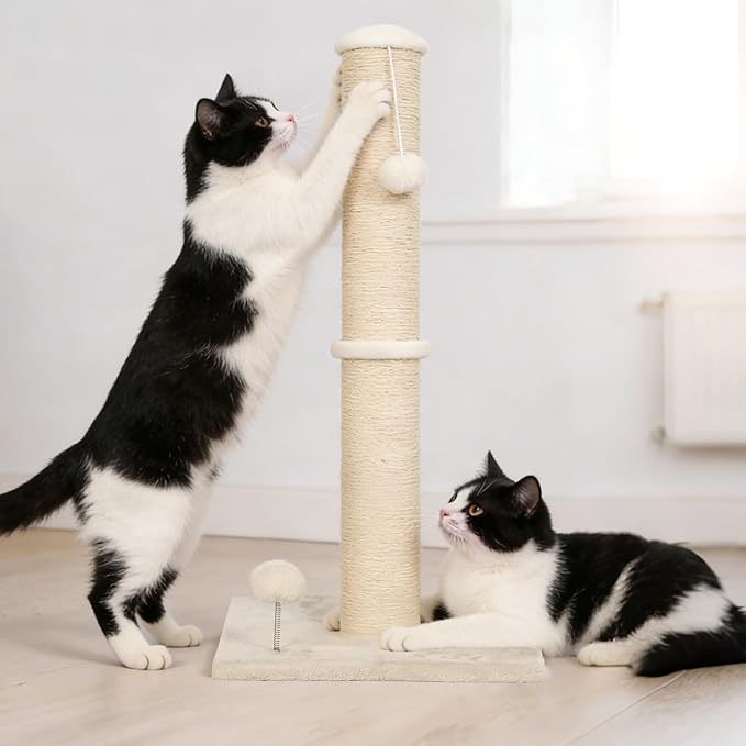 33" Tall Cat Scratching Post, 3-in-1 Durable Sisal Vertical Cat Scratcher Post with Hanging Ball, Sturdy Cat Scratch Pole with Soft Fabric Base for Indoor Cats at All Ages, Beige