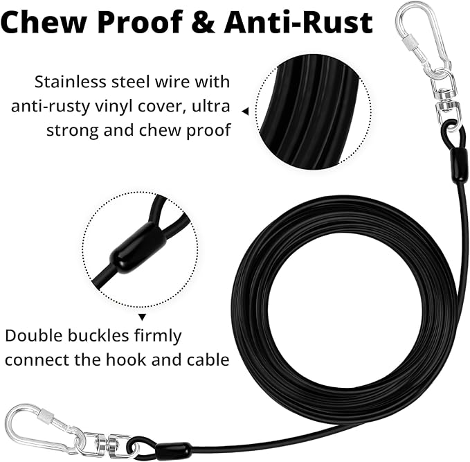jenico Dog Tie Out Cable: 15ft Dog Lead for Yard - Heavy Duty Chain Leash Outside for Small Large Dogs Up to 500 lbs - Outdoor Runner Tether (Black)