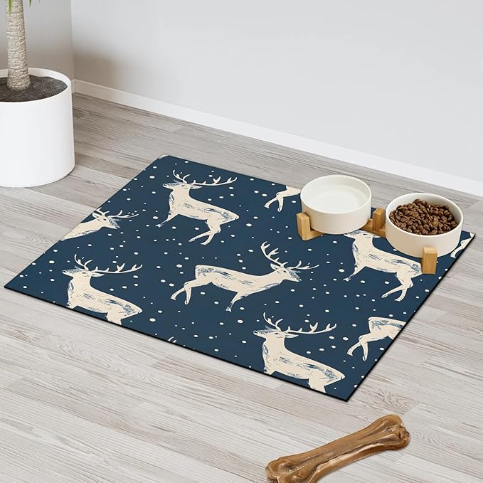 Christmas Deers Dog Food Mat for Floors Absorbent, Quick Dry Water Dispenser Mat for Food, Water, Pet Supplies 12" x 20", Winter Snowflake