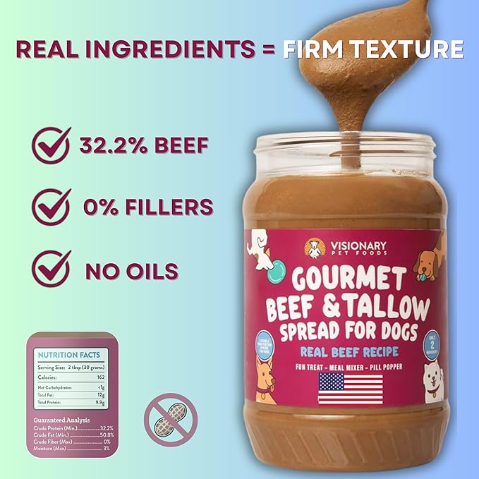 Visionary Pet Foods Beef Meat Spread, Dog Safe and Natural Peanut Butter Alternative - Healthy Digestive Support, No Additives - Lick Mat Treats - 12oz Jar