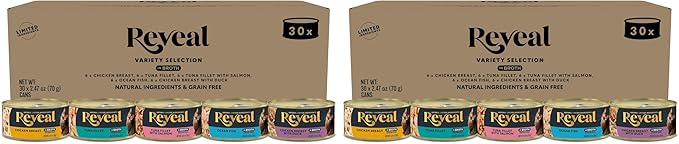 Reveal Natural Wet Cat Food,Grain Free,Limited Ingredient Canned Food for Cats,Fish and Chicken Variety in Broth,2.47 oz Cans,(Pack of 60)