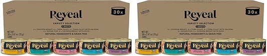Reveal Natural Wet Cat Food,Grain Free,Limited Ingredient Canned Food for Cats,Fish and Chicken Variety in Broth,2.47 oz Cans,(Pack of 60)