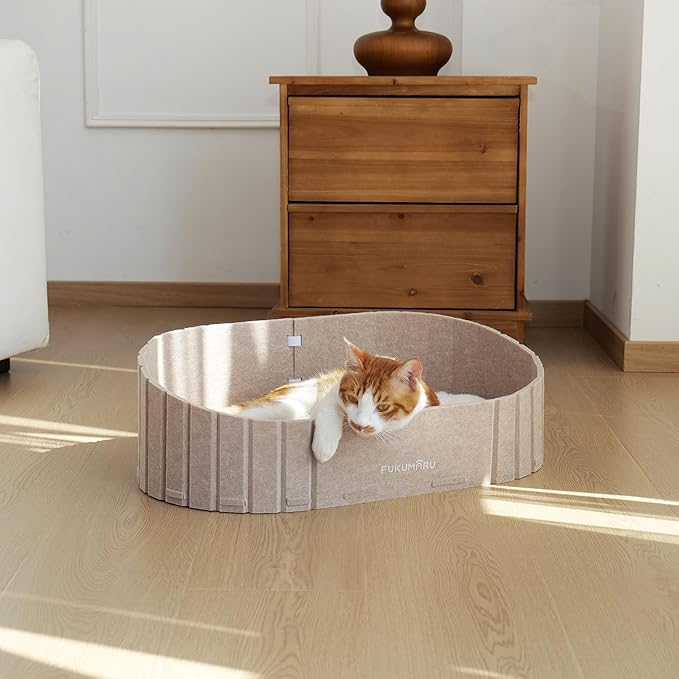 FUKUMARU Cat Beds for Indoor Cats, 24 Inch Large Cat Couch Bed with Cozy Faux Rabbit Fur Cushion, Felt Cats House Sofa in Oval Shape, Camel