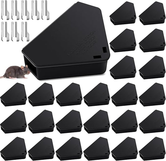 Qualirey Mice Station with Key Triangle Mouse Station Reusable Rodent Trap Box, Keeps Children and Pets Safe Indoor & Outdoor Suitable for Small Mice(Black,Keys are Silver,24 Pcs)