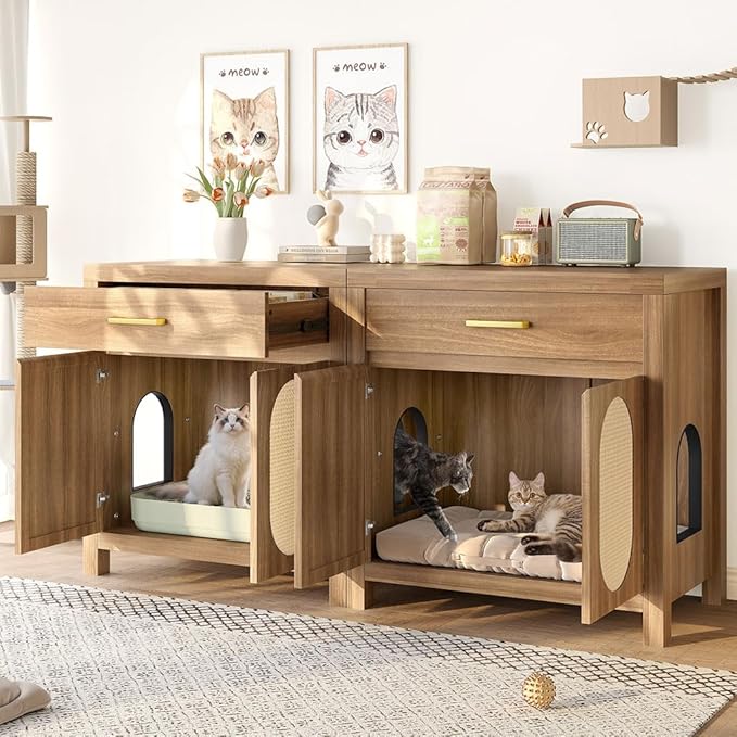 Cat Litter Box Enclosure Furniture, Hidden Litter Box Cabinet Cat House Side Table with Drawer & Sisal Scratch Pads, Wooden Pet Furniture for Living Room, Bedroom,Brown