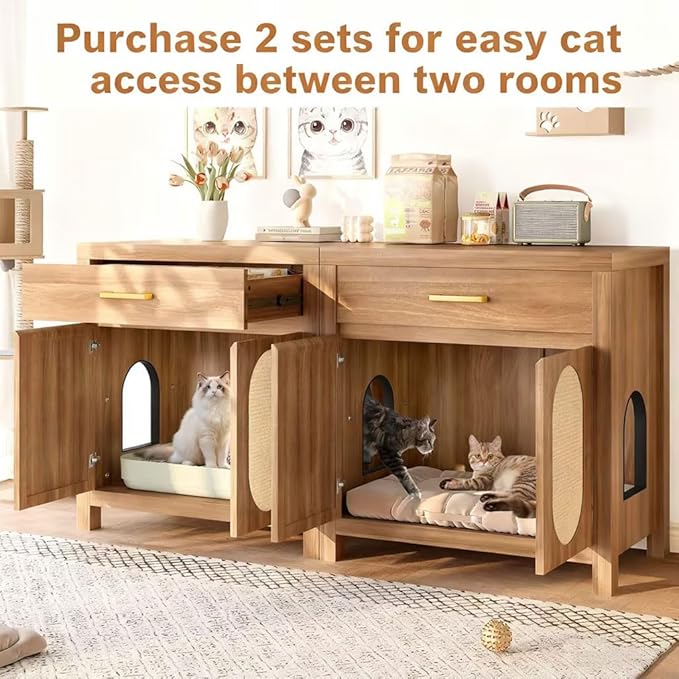 Cat Litter Box Enclosure Furniture, Hidden Litter Box Cabinet Cat House Side Table with Drawer & Sisal Scratch Pads, Wooden Pet Furniture for Living Room, Bedroom,Brown
