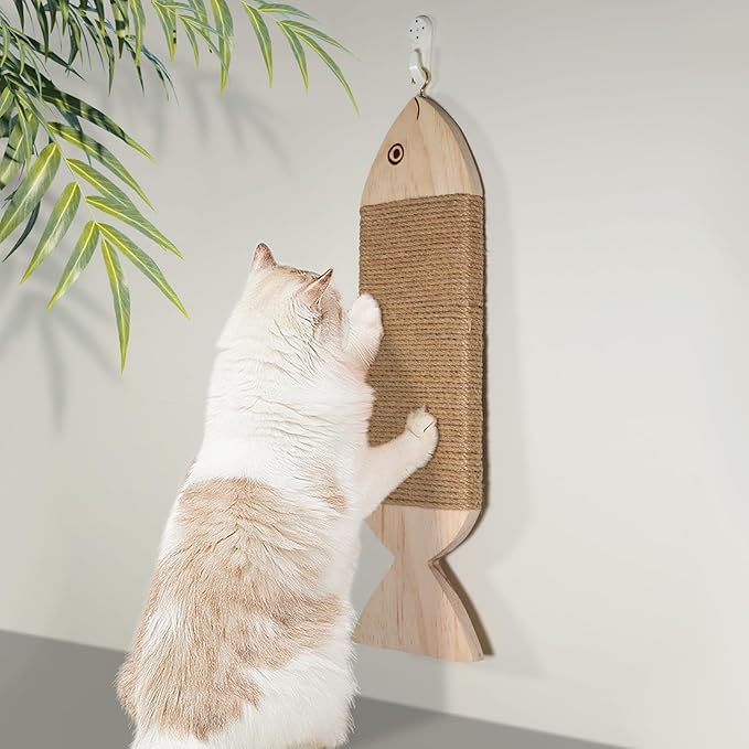 Wall-Mounted Cat Scratcher, Natural Jute Rope, Wooden Fish Shape, 16.54x4.72 Inch, Interactive Swaying Design, Indoor Cat Scratching Post