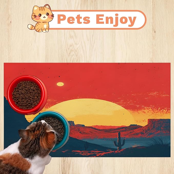 Sunrise Cactus Dog Food Mat for Floors Absorbent, Quick Dry Water Dispenser Mat for Food, Water, Pet Supplies 24" x 32", Mountain