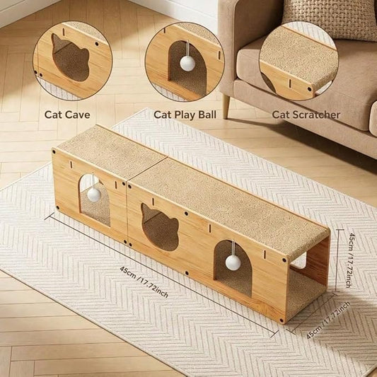 Multi-Function Cat Scratcher House Box,3-in-1 Scratch Pad and Soft Bed & Play Cave with Toys, Durable Build & Ideal for Cats/Kitty (Yellow,FX-MSD)