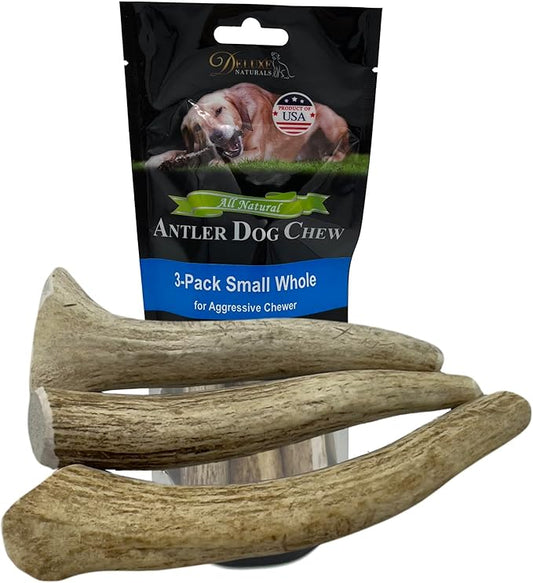 3-Pack Small Whole Elk Antler Dog Chews (5-7+ in) – Long Lasting, Natural Dog Chews for Small Dogs Under 20 lbs – Durable Bones for Aggressive Chewers, Teeth Cleaning & Boredom Toy