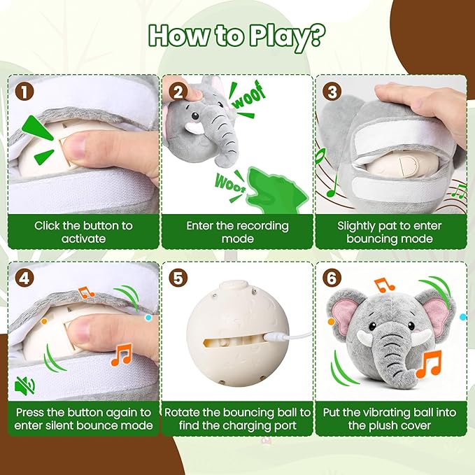 Interactive Dog Toys, Self Moving Dog Toy to Keep Them Busy, Electronic Vibrating Dogs Toy/Squeaky Bouncing Ball for Small Medium Large Dogs with Jumping Music Talking Silent Mode (Elephant)