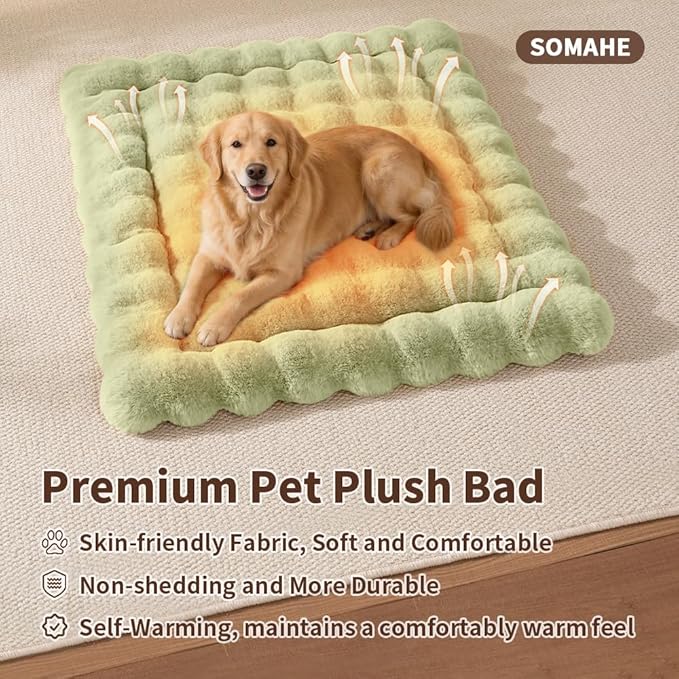 Self-Warming Dog Bed, Plush Faux Fur Mat with Anti-Slip Bottom, Ultra Soft Heated Pet Bed for Medium Large Dogs, Cozy Fluffy Pad for Carriers Couch Crate, Machine Washable, 35 x 27 Inch Green