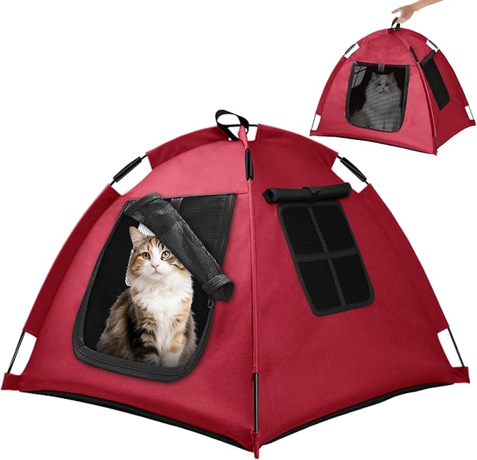 Portable Pet Tent with Full-Enclosure Zippered Mesh Door, Indoor & Outdoor Cat House for Safety & Ventilation, Cozy Nest for Cats, Puppies & Small Animals (Red)