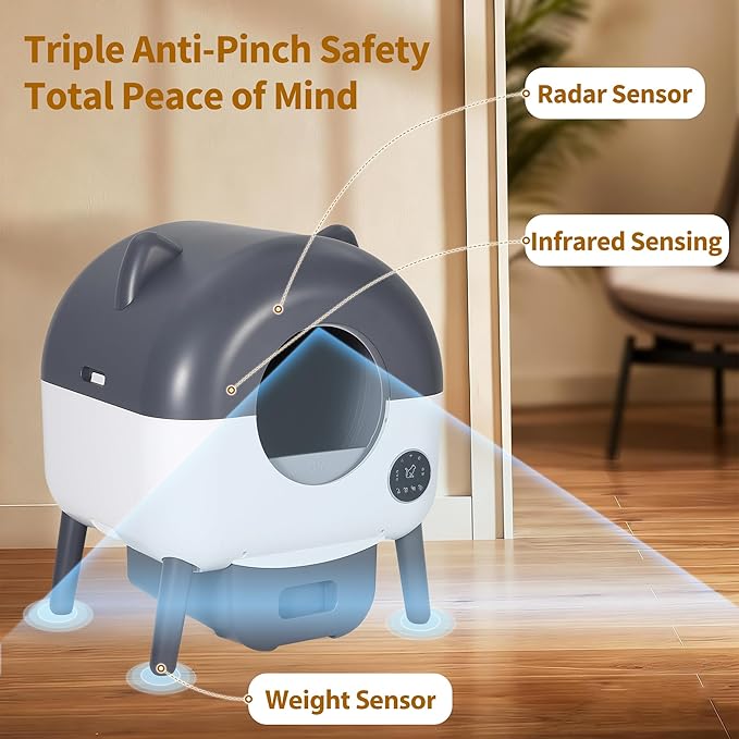 Self-Cleaning Cat Litter Box with Large Capacity and Automatic Cleaning, Smart Cat Litter Box with App Control, Automatic Litter Box Triple Safety Protection, 1 Rolls Garbage Bags, Dark Gray