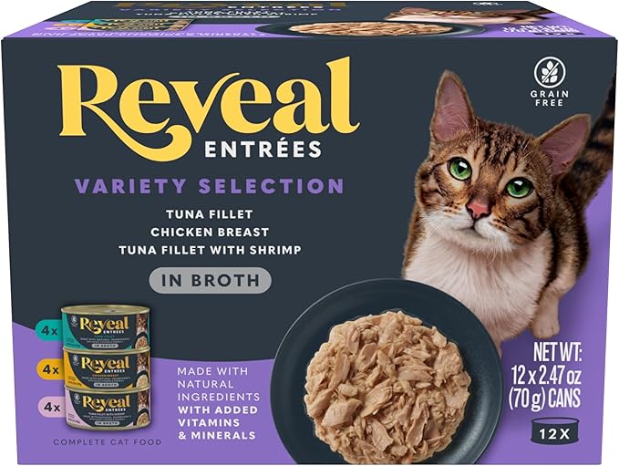 Reveal Entrées Natural Wet Cat Food, Grain-Free with Added Vitamins & Minerals, Carrageenan-Free and High Protein, Variety Selection in Broth (12 x 2.47 oz cans)