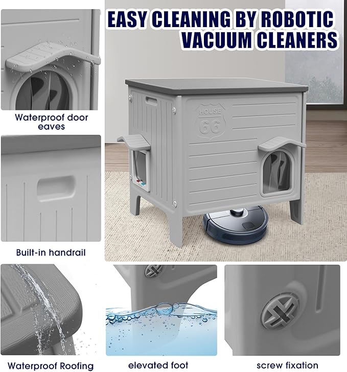 Plastic Cat House Outdoor & Indoor, Feral Cat Houses with Escape Door, Waterproof Outdoor Cat House for Feral Cats, Outside Cat Shelter for Small Pet, Assemble Easily-Grey