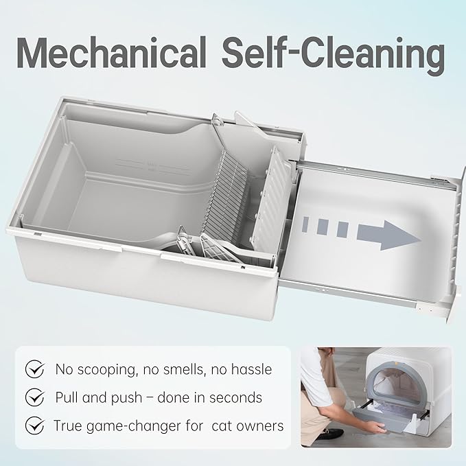 Mechanical Self-Cleaning Cat Litter Box, White/Gray, Anti-Tracking Design with Pull-Push Operation, Detachable Rake, Odor Control, Compatible with Small-Grain Litter,Extra Large
