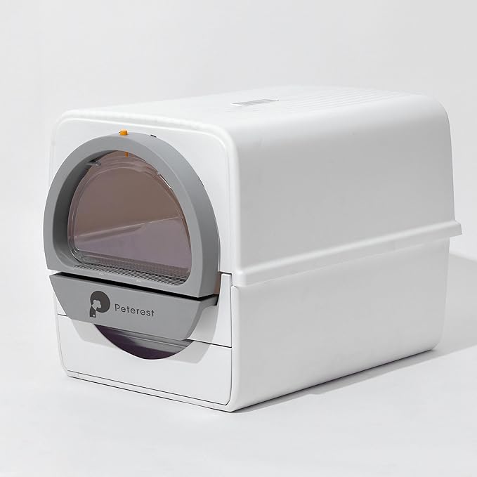 Mechanical Self-Cleaning Cat Litter Box, White/Gray, Anti-Tracking Design with Pull-Push Operation, Detachable Rake, Odor Control, Compatible with Small-Grain Litter,Extra Large