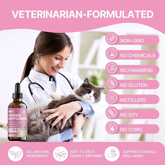 Thyroid Support for Cats, Natural Cat Appetite Stimulant & Cat Weight Gainer Drops – Helps Support Metabolism, Energy & Weight Gain for Cats – Vet-Formulated Herbal Liquid Supplement, 2 fl oz
