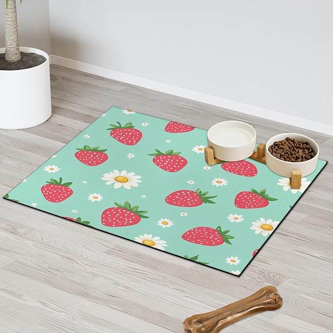 Strawberry Dog Food Mat for Floors Absorbent Dog Bowl Mat for Food and Water Dispenser Quick Dry Cat Food Placemat Pet Supplies 12" x 20", Daisy Flower
